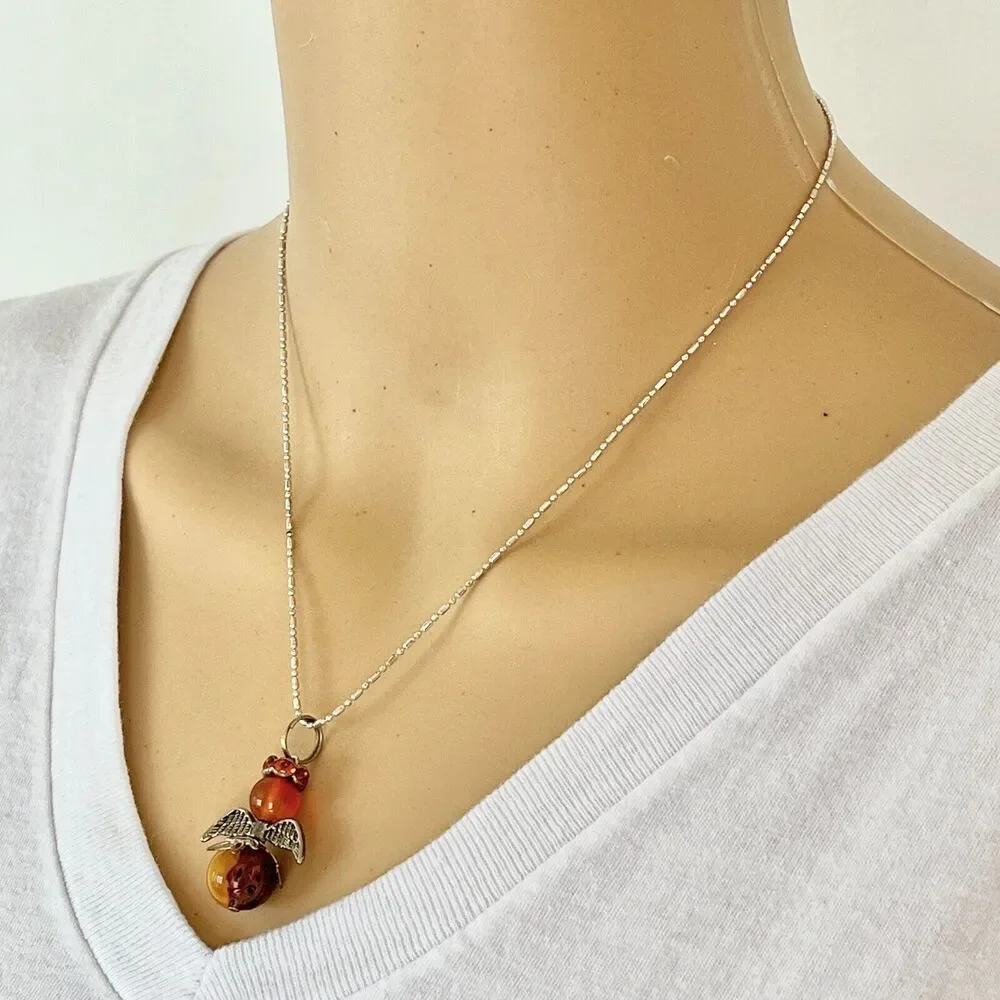 Angel Bead Charm Necklace 17in Silver Tone Ball & Bar Chain Amber Color